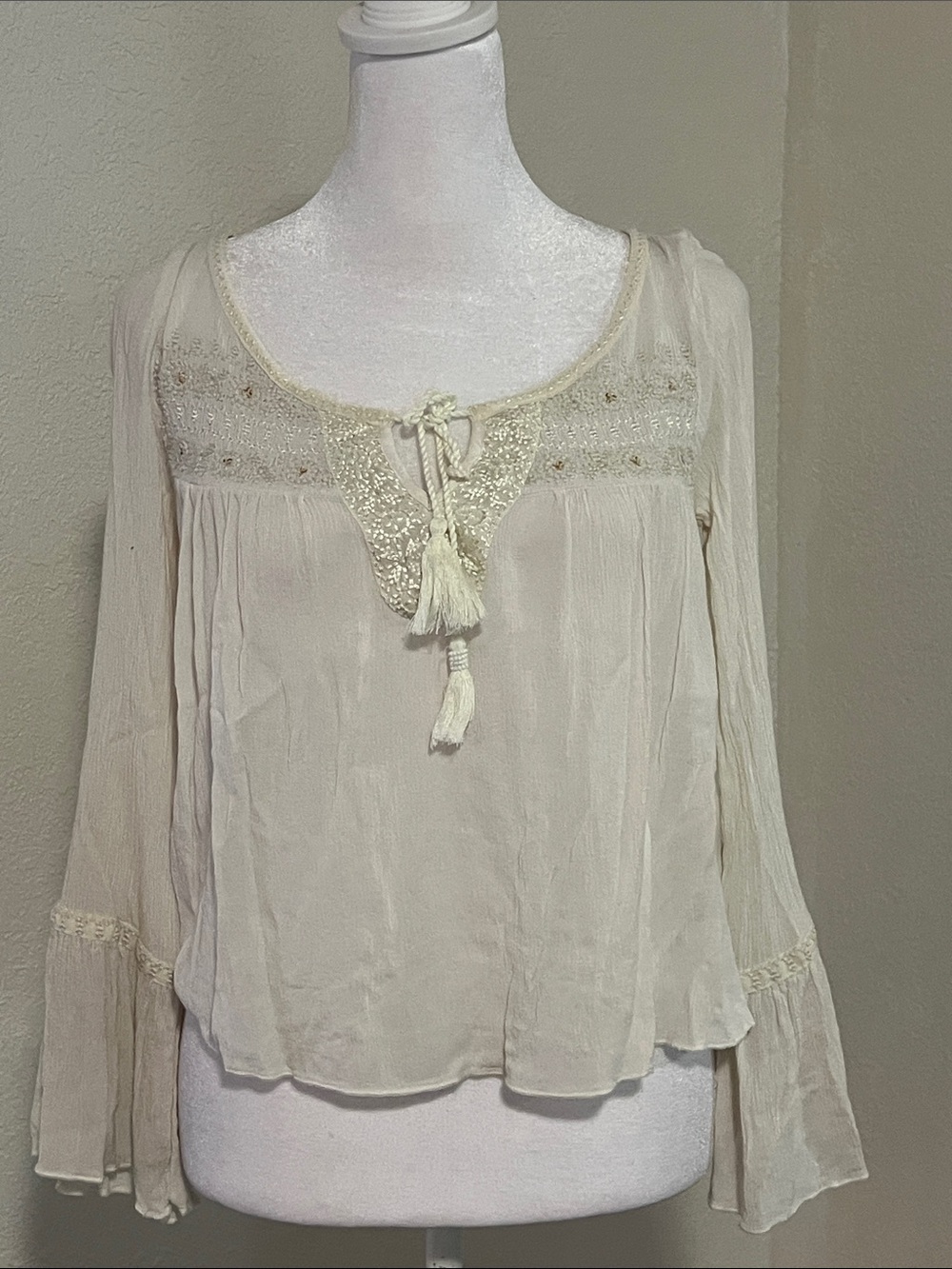 American Eagle Outfitters Cream Lace-Trim Tie Front Peasant Blouse
